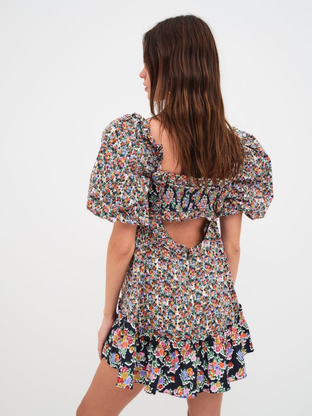 New! For Love And Lemons Hudson Black Floral Puff-Sleeve Mini Dress 🌸 Medium - Picture 4 of 13